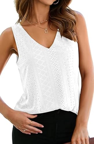 AVOZAL Damen Tank Top V-Ausschnitt Sommer Elegant Stickerei Oberteile Basic Ärmellose Lässige Shirt Cami Blusentop(XXL,Weiß) von AVOZAL