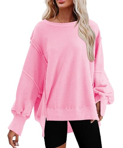 AVOZAL Damen Sweatshirt Rundhals Langarmshirt 2023 Herbst Winter Warm Oversize Pullover Teenager Mädchen Oberteile Casual Loose Tops(M，Rosa) von AVOZAL