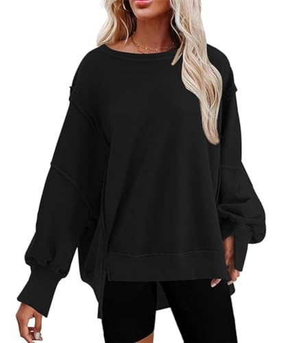 AVOZAL Damen Sweatshirt Rundhals Langarmshirt 2023 Herbst Winter Warm Oversize Pullover Teenager Mädchen Oberteile Casual Loose Tops(M，Schwarz) von AVOZAL