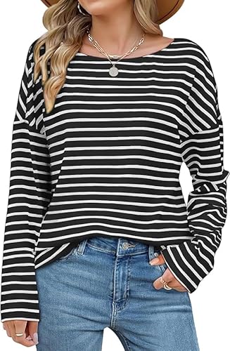 AVOZAL Gestreiftes Langarmshirt Damen Rundhals Lockeres Oberteile Herbst Elegant Basic Shirt Langarm Casual Lässige Tshirt(XL,Schwarz) von AVOZAL
