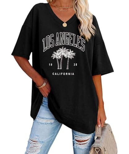AVOZAL Oversized Tshirt Damen V Ausschnitt Kurzarm Sommer Basic Oberteile Shirts Buchstaben Gedruckt Locker Casual Lässig Tops(S,Schwarz-LA) von AVOZAL