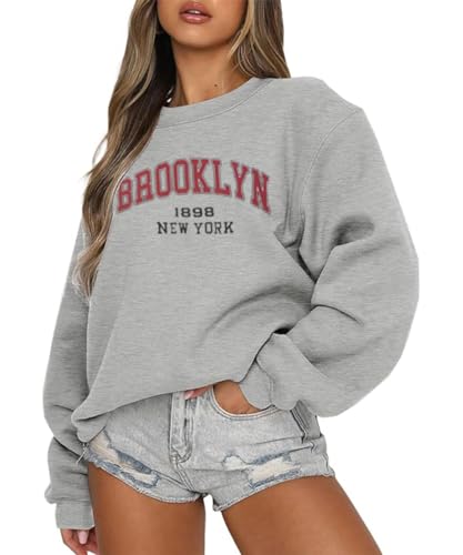 AVOZAL Pullover Damen Sweatshirt Briefdruck Langarmshirt Rundhals Herbst Winter Pulli Frauen Oversized Oberteil Locker Casual Sport Streetwear Tops(XL，Grau) von AVOZAL