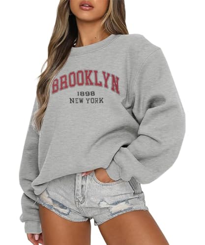 AVOZAL Pullover Damen Sweatshirt Briefdruck Langarmshirt Rundhals Herbst Winter Pulli Frauen Oversized Oberteil Locker Casual Sport Streetwear Tops(XXL，Grau) von AVOZAL