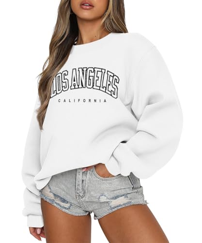 AVOZAL Pullover Damen Sweatshirt Briefdruck Langarmshirt Rundhals Herbst Winter Pulli Frauen Oversized Oberteil Locker Casual Sport Streetwear Tops(XXL，Weiß-LA) von AVOZAL