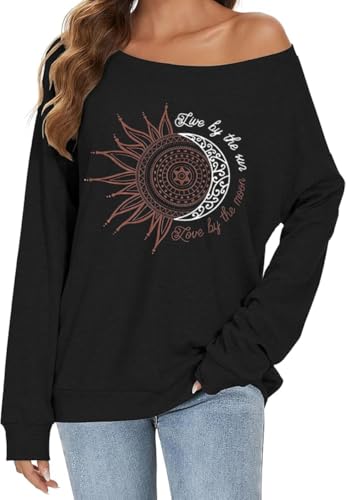 AVOZAL Schulterfreies Oberteil Damen Langarm Pullover Longshirt Lässige Sweatshirt Causal Elegant Fledermaus Bluse Tunika Shirts(S，Schwarz) von AVOZAL