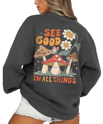 AVOZAL Sweatshirt Damen Pullover Briefdruck Rundhals Langarmshirt Pulli Frauen Oversized Oberteile Locker Pulli Herbst Winter Casual Sport Streetwear Tops(XXL，Dunkelgrau) von AVOZAL