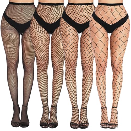 AVRUYPI 4 PCS Netzstrümpfe, Netzstrumpfhose Schwarz, Stockings, Netzstrumpfhose Schwarz, Fishnet Stockings Strümpfe Strumpfhosen Netzstrümpfe Hohe Taille Fischernetz Strumpfhosen für Damen von AVRUYPI