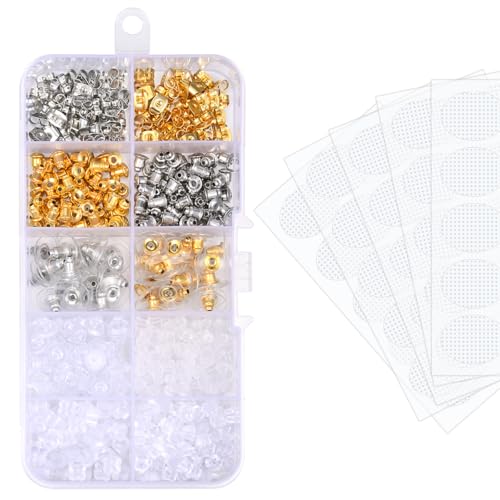 AVYRING 10 Styles Ohrring Verschlüsse Set & 5 Bögen Ohrringsticker für gespaltene Ohrläppchen, weiche Silikon Sicherheitsverschlüsse für Damen DIY Schmuckbedarf inklusive praktischer Aufbewahrungsbox von AVYRING