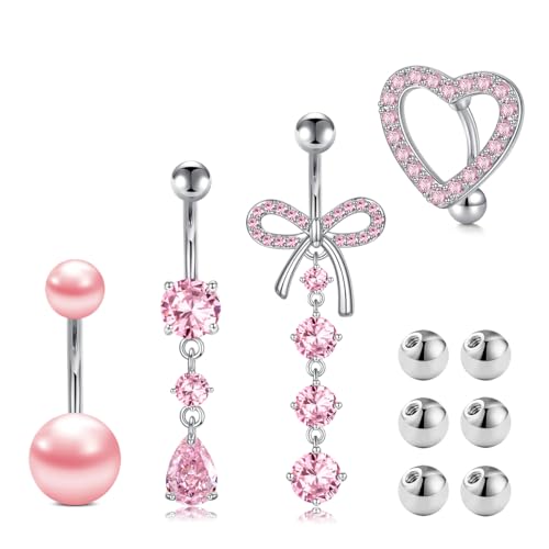 AVYRING 10PCS Pink Herz Bauchnabelpiercing mit Ersatzkugeln, 14G langer hängender Anhänger Bauchpiercing Schmuck, hypoallergen Chirurgenstahl Nabelpiercing Ringe für Damen, Stablänge 10mm von AVYRING