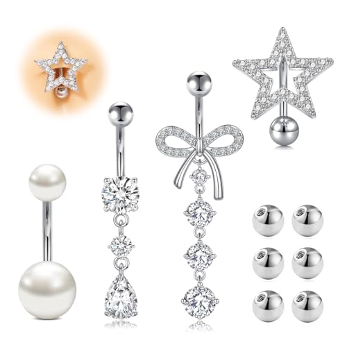 AVYRING 10PCS Silber Stern Bauchnabelpiercing mit Ersatzkugeln, 14G langer hängender Anhänger Bauchpiercing Schmuck, hypoallergen Chirurgenstahl Nabelpiercing Ringe für Damen, Stablänge 10mm von AVYRING