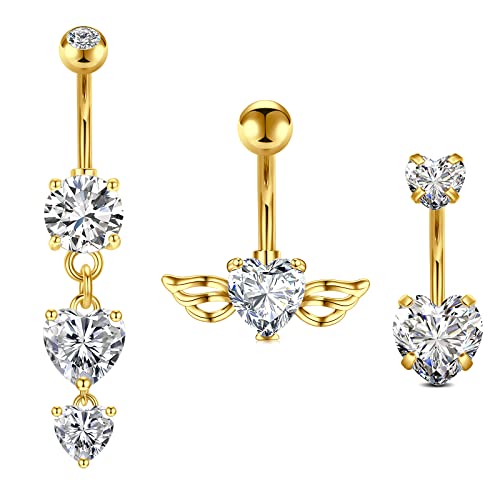 AVYRING 14G Herz Bauchnabelpiercing Anhänger Chirurgenstahl Piercing Bauchnabel Stab 10MM für Damen Flügel Belly Ring Gold von AVYRING