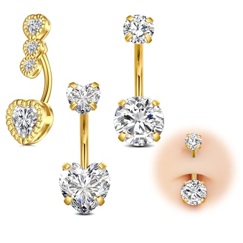 AVYRING 14G Chirurgenstahl Bauchnabelpiercings, 10mm Gold Nabelringe mit Herz CZ, Hypoallergen Frauen Bauchnabelpiercing Schmuck für Frauen Mädchen, 3 Stück von AVYRING