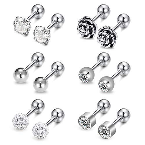 AVYRING 16G CZ & Kugel & Rose Tragus Piercing Ohr Chirurgenstahl Stud Ohrpiercing Helix Piercing Für Damen Herren 6 Paare - Silber von AVYRING