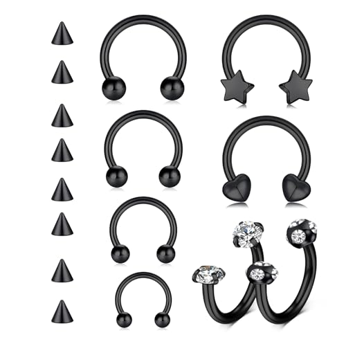 AVYRING 16G Septum Piercing Set aus Edelstahl - Schwarz Hufeisen Nasenring für Damen & Herren, geeignet für Augenbrauen, Lip, Tragus, Helix, Daith, Conch und Knorpelpiercings von AVYRING