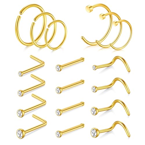 AVYRING 18G Gold Nose Stud, Stainless Steel Nose Stud Screws with Cubic Zirconia, Nose Studs Rings Hoop Set for Women Men, Pack of 18 Pieces von AVYRING