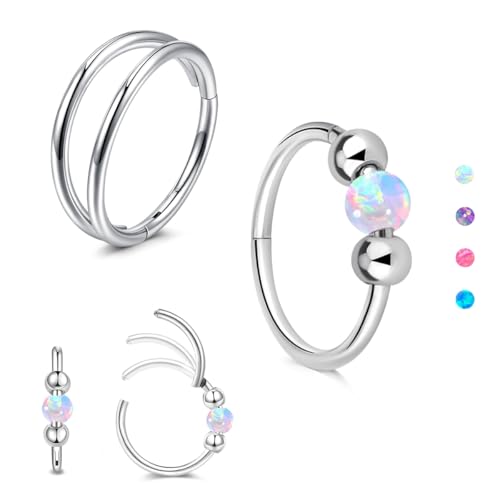 AVYRING 18G Weißer Opal Nasenring für Damen, 316L Chirurgenstahl Silber Clicker Nasenringe mit Scharnier, vielseitiger Septum-Piercingschmuck für Conch, Rook, Knorpel, Tragus und Helix Ohrringe, 10mm von AVYRING