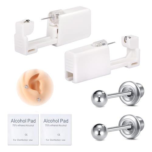 AVYRING 2 Stück Ohrloch Stecher Set Surgical Steel Einweg-Ohrlochpistole für Damen & Herren, Schmerzarme Piercing Pistole, Selbst-Piercing Set mit 3mm Ball Studs, Silber von AVYRING