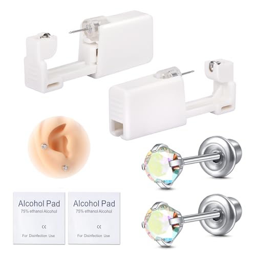 AVYRING 2 Stück Ohrloch Stecher Set Surgical Steel Einweg-Ohrlochpistole für Damen & Herren, Schmerzarme Piercing Pistole, Selbst-Piercing Set mit 4mm Regenbogen CZ Studs, Silber von AVYRING