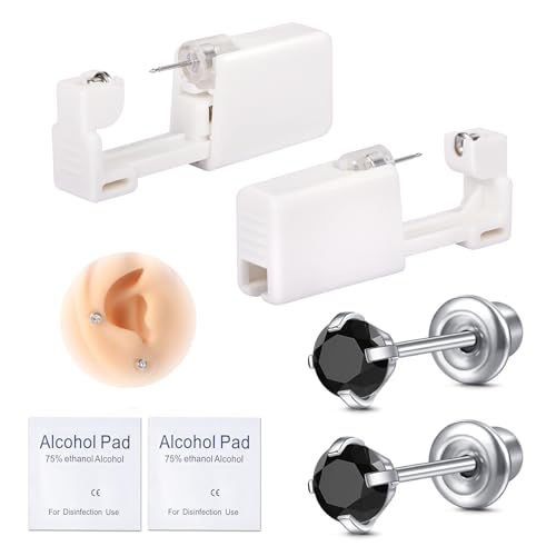 AVYRING 2 Stück Ohrloch Stecher Set Surgical Steel Einweg-Ohrlochpistole für Damen & Herren, Schmerzarme Piercing Pistole, Selbst-Piercing Set mit 4mm Schwarz CZ Studs, Silber von AVYRING