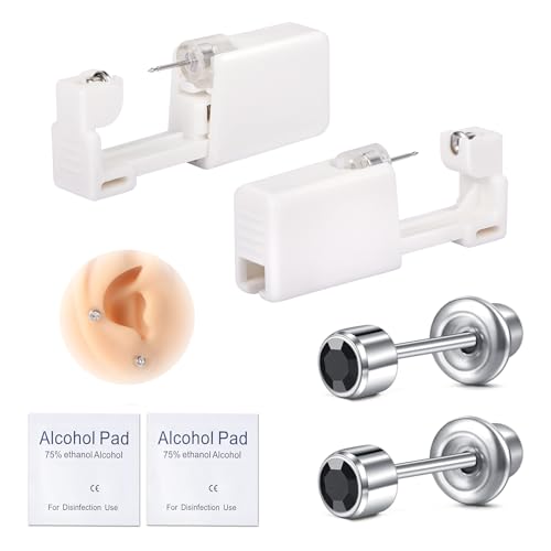 AVYRING 2 Stück Ohrloch Stecher Set Surgical Steel Einweg-Ohrlochpistole für Damen & Herren, Schmerzarme Piercing Pistole, Selbst-Piercing Set mit 4mm Schwarz Diamant Studs, Silber von AVYRING