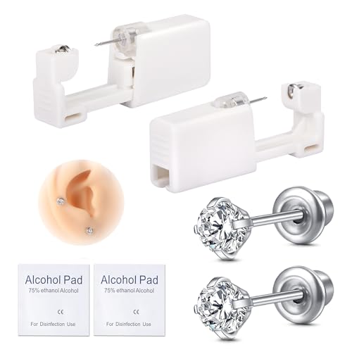 AVYRING 2 Stück Ohrloch Stecher Set Surgical Steel Einweg-Ohrlochpistole für Damen & Herren, Schmerzarme Piercing Pistole, Selbst-Piercing Set mit 4mm Weiß CZ Studs, Silber von AVYRING