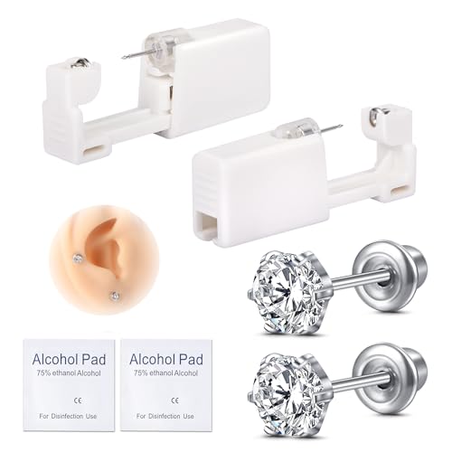 AVYRING 2 Stück Ohrloch Stecher Set Surgical Steel Einweg-Ohrlochpistole für Damen & Herren, Schmerzarme Piercing Pistole, Selbst-Piercing Set mit 5mm Crown CZ Studs, Silber von AVYRING