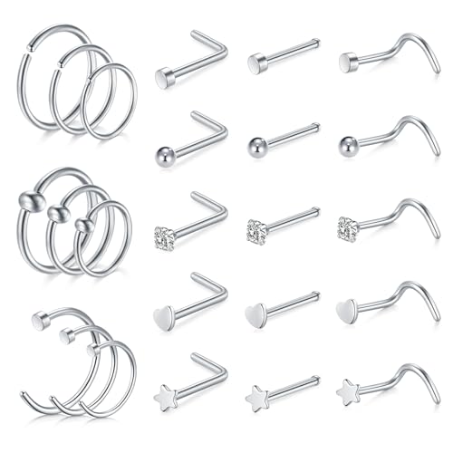 AVYRING 20G Chirurgenstahl Nasenstecker Schrauben mit Verschiedenen Formen, Nasenstecker Ringe Hoop Set für Frauen Männer, Packung mit 24 Stücken von AVYRING