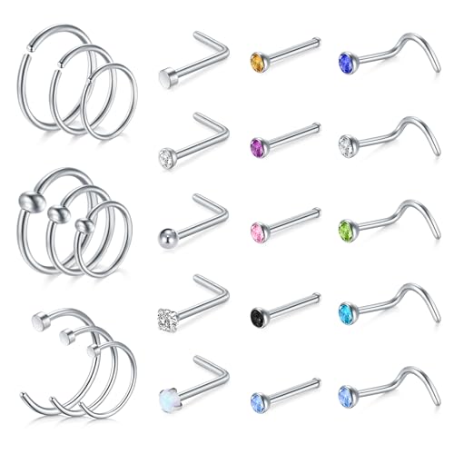 AVYRING 20G Chirurgenstahl Nasenstecker Silber mit Bunten Diamant Zirkonia, Nasenstecker Ringe Hoop Nasenpiercing Set für Frauen Männer, Packung mit 24 Stücken von AVYRING