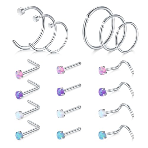 AVYRING 20G Chirurgenstahl Nasenstecker Silber mit Farbigen Opalen, Nasenstecker Ringe Hoop Nasenpiercing Set für Frauen Männer, Packung mit 18 Stücken von AVYRING