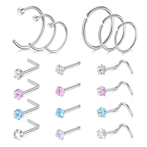 AVYRING 20G Chirurgenstahl Nasenstecker Silber mit Heart Bunten Diamant Zirkonia, Nasenstecker Ringe Hoop Nasenpiercing Set für Frauen Männer, Packung mit 18 Stücken von AVYRING