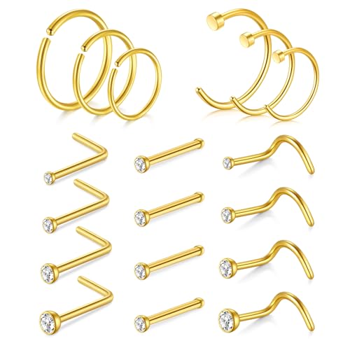 AVYRING 20G Gold Nasenstecker, Edelstahl Nasenstecker Schrauben mit Zirkonia, Nasenstecker Ringe Hoop Set für Frauen Männer, Packung mit 18 Stück von AVYRING