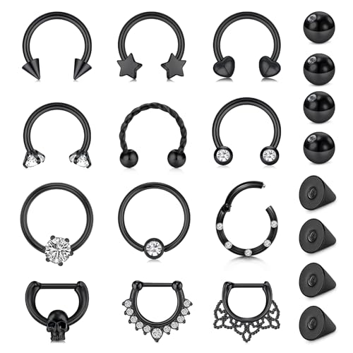 AVYRING 20PCS Septum Piercing Schmuck für Damen und Herren, 16G Schwarz Chirurgenstahl Septum Ringe Set, Clicker Klapp Nasenringe für Knorpel, Helix, Tragus, Daith und Nasenpiercing Schmuck von AVYRING