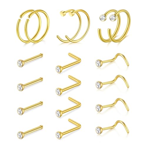 AVYRING 22G Gold Nasenstecker, Edelstahl Nasenstecker Schrauben mit Diamant, Extra dünne Nasenringe Set für Damen und Herren, Packung mit 18 Stück von AVYRING