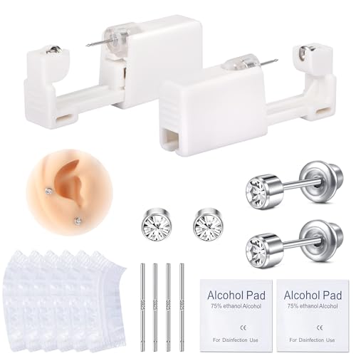 AVYRING 2Pcs Disposable Ear Piercing Set with 4MM White Diamond Studs - Complete Set for Safe and Easy At-Home Ear Piercing, 316L Surgical Stainless Steel Ohrloch Stecher Set for Women Man von AVYRING