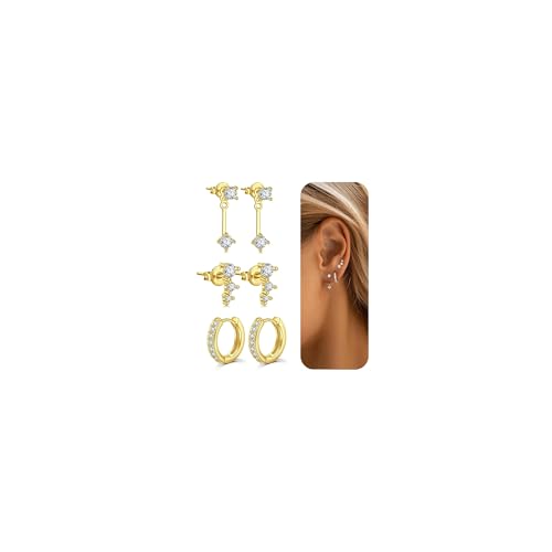 AVYRING 3 Paare 14K vergoldete Stecker Ohrringe für Damen, 3 Löcher Diamant Ohrringe Stacks Zierliche Kleine Stecker Huggie Hoop Ohrringe Set für Mehrere Piercings AVYRING 3 Paare 14K vergoldete Stecker Ohrringe für Damen, 3 Löcher Diamant Ohrringe Stacks Zierliche Kleine Stecker Huggie Hoop Ohrringe Set für Mehrere Piercings von AVYRING