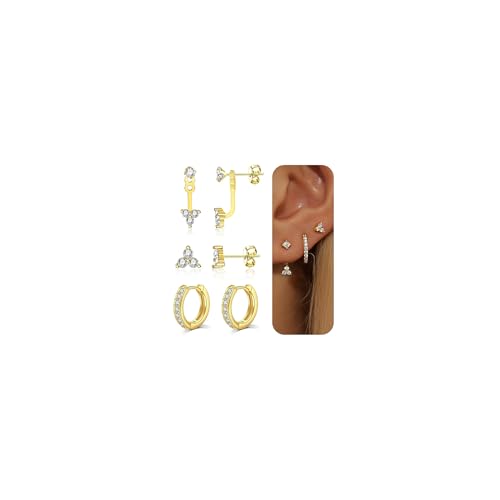 AVYRING 3 Paare 14K vergoldete Stecker Ohrringe für Damen, Dreieckige Diamant Ohrringe Stacks Zierliche Kleine Stecker Huggie Hoop Ohrringe Set für Mehrere Piercings von AVYRING