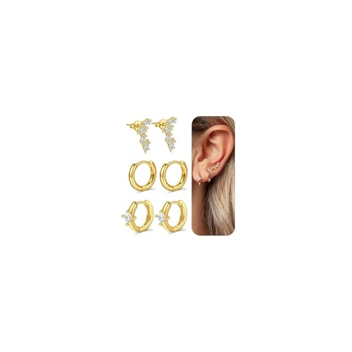 AVYRING 3 Paare 14K vergoldete Stecker Ohrringe für Damen, Quadratische Diamant Ohrringe Stacks Zierliche Kleine Stecker Huggie Hoop Ohrringe Set für Mehrere Piercings von AVYRING