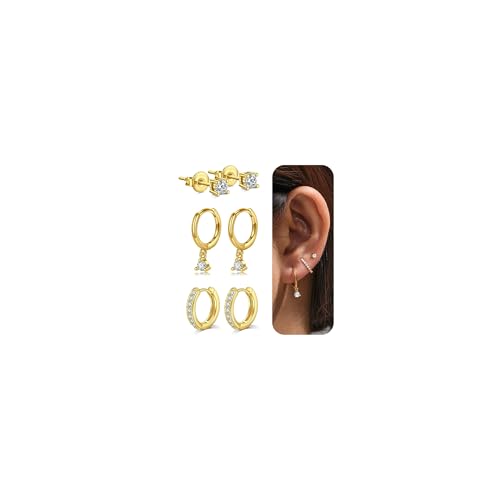 AVYRING 3 Paare 14K vergoldete Stecker Ohrringe für Damen, Tropfenförmige Diamant Ohrringe Stacks Zierliche Kleine Stecker Huggie Hoop Ohrringe Set für Mehrere Piercings von AVYRING