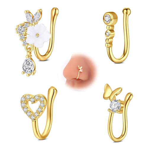 AVYRING 4 Stück Golden Fake Nasenringe Clip-On, Verstellbarer Nasenschmuck ohne Piercing, Blume-Herz-Schmetterling-Design für Damen von AVYRING