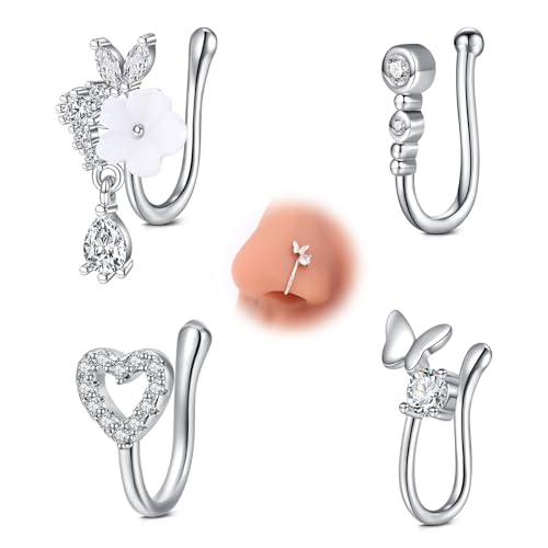 AVYRING 4 Stück Silber Fake Nasenringe Clip-On, Verstellbarer Nasenschmuck ohne Piercing, Blume-Herz-Schmetterling-Design, Edelstahl für Damen von AVYRING