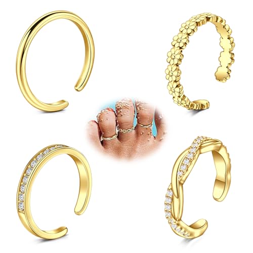 AVYRING 4 Stück Zehenringe für Damen, Verstellbare Offene Fußschmuck Set, Dünner Ring, CZ, Gänseblümchen, 14K Gold Plated, Strand Party von AVYRING
