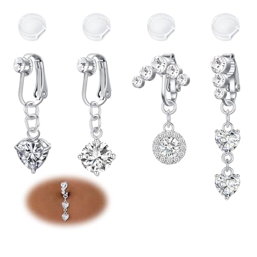 AVYRING 4stk Fake Bauchnabelpiercing-Schmuck – Clip-On Silber Bauchnabelringe für Frauen, Chirurgenstahl Nicht-Piercing Bauchnabelringe Hängend Herz Schmetterling von AVYRING
