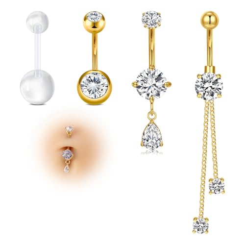 AVYRING 4stk Hängende Bauchnabelstecker 14G Chirurgenstahl Gold Bauchnabelringe mit Tränenförmigem CZ-Stein Hypoallergener Bauchnabelring für Frauen Bauchnabelpiercing Schmuck 10MM von AVYRING