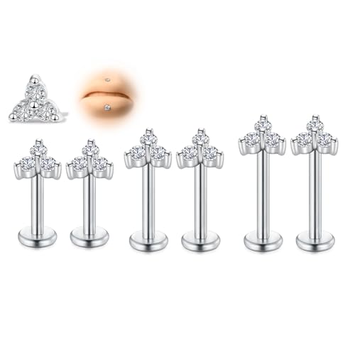 AVYRING 6 Stück Gewindelose Chirurgenstahl Medusa Flachrückige Ohrringe, 16G 6/8/10mm Silber Tragus Knorpel Helix Lippenpiercing Labret Stecker mit Kleeblatt CZ für Frauen Männer Forward Helix Schmuck von AVYRING