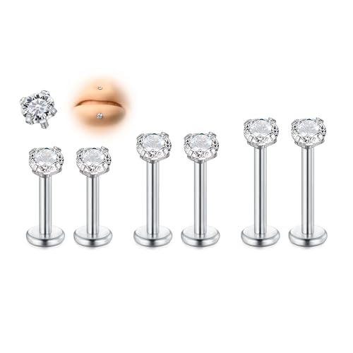 AVYRING 6 Stück Gewindelose Chirurgenstahl Medusa Flachrückige Ohrringe, 16G 6/8/10mm Silber Tragus Knorpel Helix Lippenpiercing Labret Stecker mit Rund CZ für Frauen Männer Forward Helix Schmuck von AVYRING