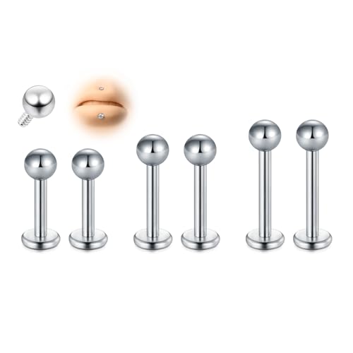 AVYRING 6 Stück Gewindelose Chirurgenstahl Medusa Flachrückige Ohrringe, 16G 6/8/10mm Silber Tragus Knorpel Helix Lippenpiercing Labret Stecker mit Stahlkugel für Frauen Männer Forward Helix Schmuck von AVYRING