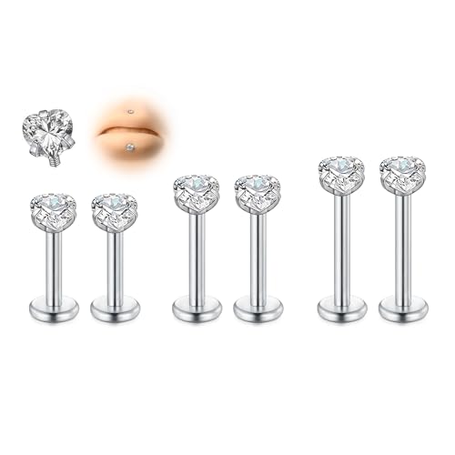 AVYRING 6Pcs Thread Stainless Steel Medusa Flat Back Earrings, 16G 6/8/10mm Silver Tragus Cartilage Helix Lip Labret Studs with Heart CZ for Women Men Forward Helix Jewelry von AVYRING