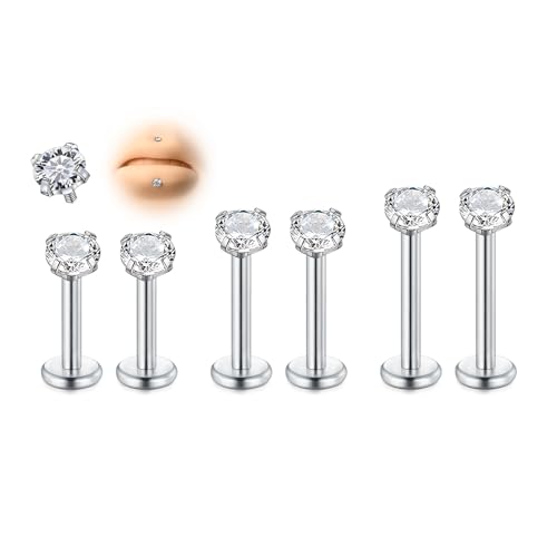 AVYRING 6Pcs Thread Stainless Steel Medusa Flat Back Earrings, 16G 6/8/10mm Silver Tragus Cartilage Helix Lip Labret Studs with Round CZ for Women Men Forward Helix Jewelry von AVYRING