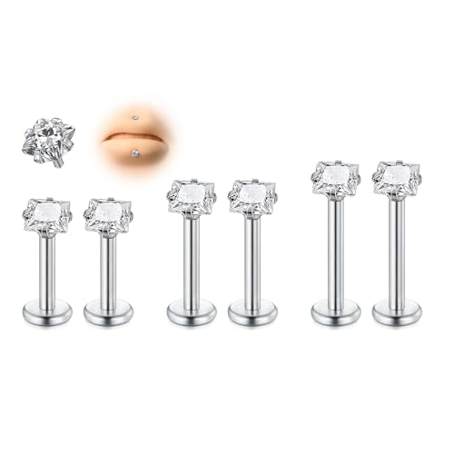 AVYRING 6Pcs Thread Stainless Steel Medusa Flat Back Earrings, 16G 6/8/10mm Silver Tragus Cartilage Helix Lip Labret Studs with Square CZ for Women Men Forward Helix Jewelry von AVYRING