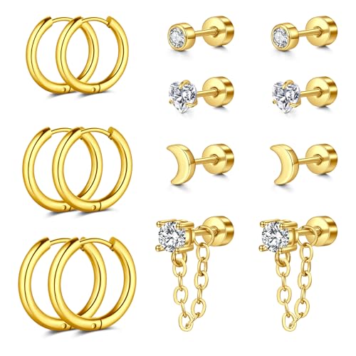 AVYRING 7 Paare Gold Ohrringe Damen Set Ohrstecker, 20G Knorpel Helix Flachrücken Ohrringe mit CZ, Gänseblümchen, Herz, Quasten, Hypoallergene Chirurgenstahl Stapelbare Seepers Creolen für Frauen von AVYRING